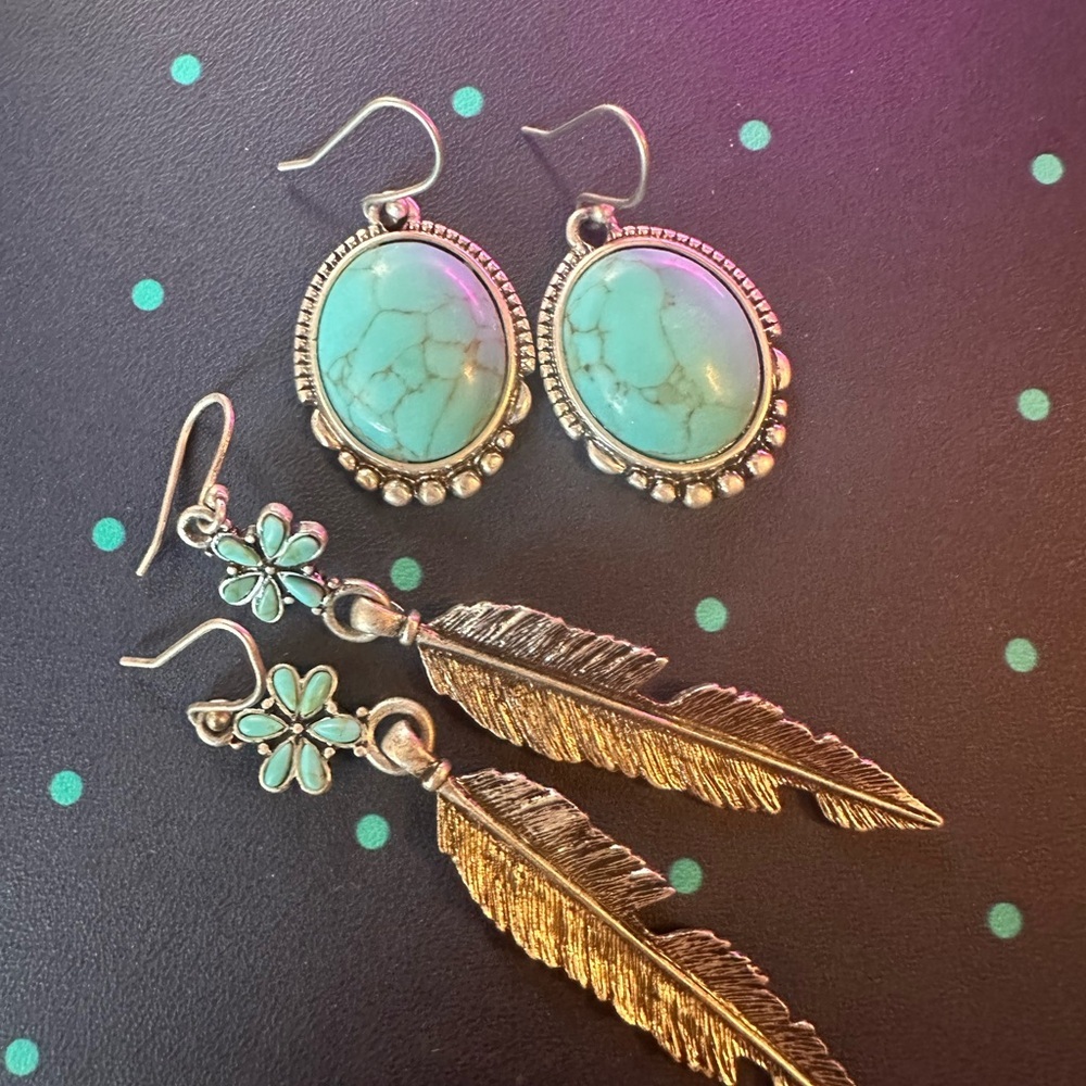 Faux Turquoise Silver Tone Earrings Set